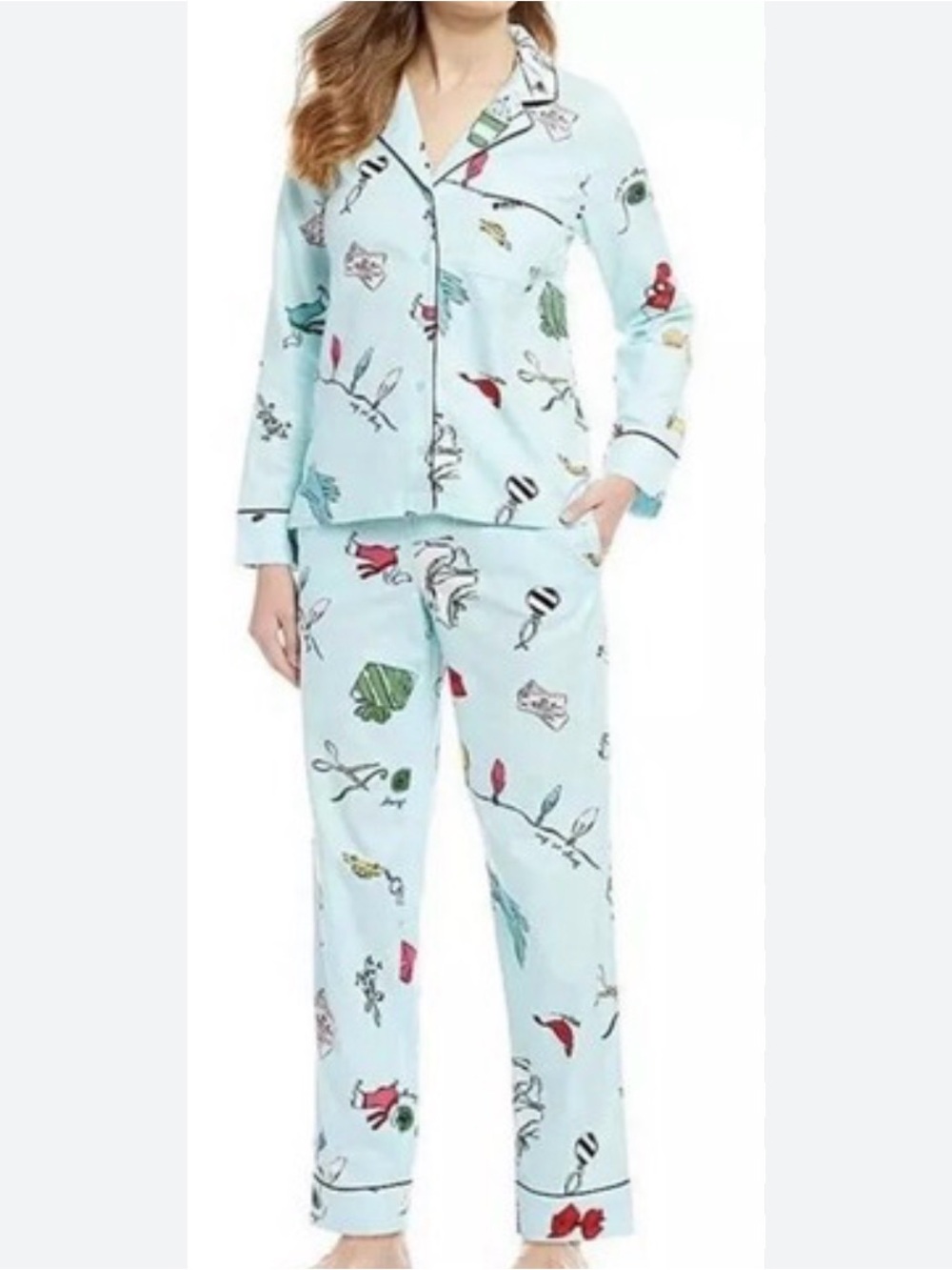 Kate Spade Dream A Little Dream Pajama Button Down Top Pant Set Aqua Holiday Sm